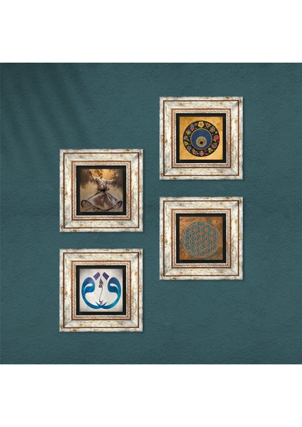 Yaşam Çiçeği, Semazen, Vav, Nazar Taş Duvar Tablosu Çerçeveli Duvar Dekoru 4 Parça Tablo Seti Wall Art T4-591