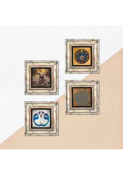 Yaşam Çiçeği, Semazen, Vav, Nazar Taş Duvar Tablosu Çerçeveli Duvar Dekoru 4 Parça Tablo Seti Wall Art T4-591