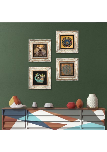 Yaşam Çiçeği, Semazen, Nazar, Şahmeran Taş Duvar Tablosu Çerçeveli Duvar Dekoru 4 Parça Tablo Seti Wall Art T4-599