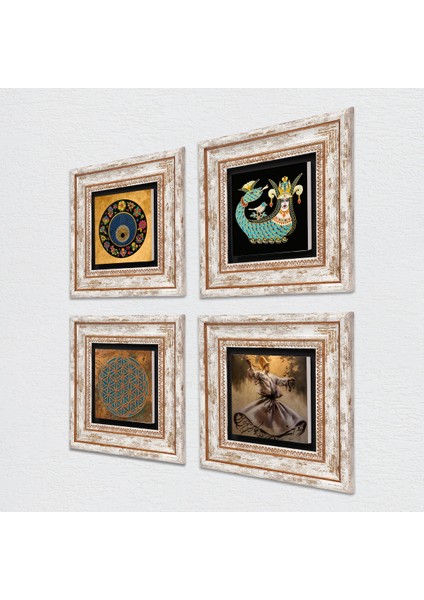 Yaşam Çiçeği, Semazen, Nazar, Şahmeran Taş Duvar Tablosu Çerçeveli Duvar Dekoru 4 Parça Tablo Seti Wall Art T4-599