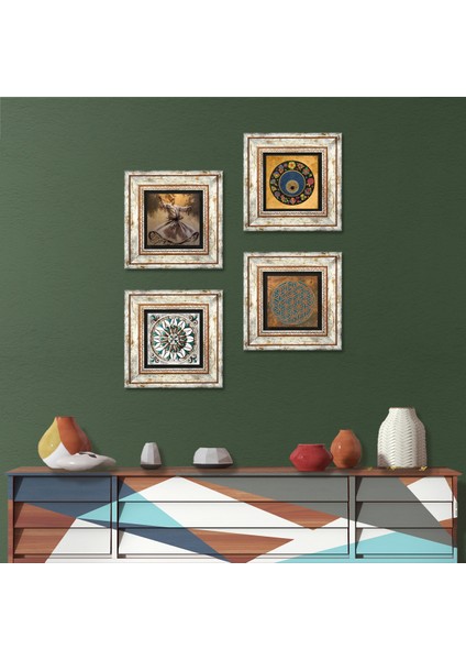 Yaşam Çiçeği, Semazen, Nazar, Çini Sanatı Taş Duvar Tablosu Çerçeveli Duvar Dekoru 4 Parça Tablo Seti Wall Art T4-603