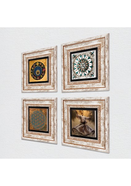Yaşam Çiçeği, Semazen, Nazar, Çini Sanatı Taş Duvar Tablosu Çerçeveli Duvar Dekoru 4 Parça Tablo Seti Wall Art T4-603
