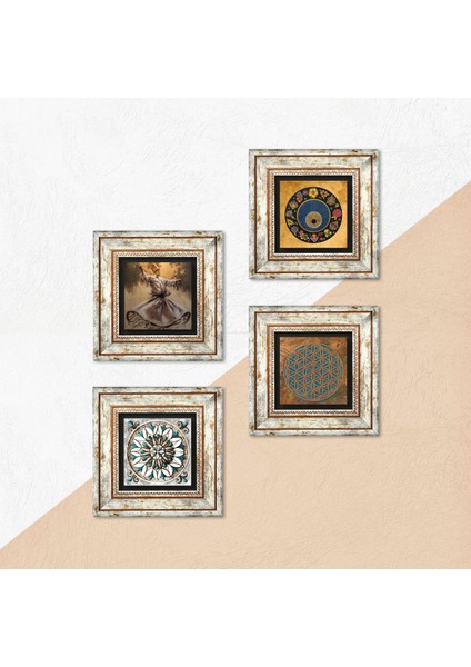 Yaşam Çiçeği, Semazen, Nazar, Çini Sanatı Taş Duvar Tablosu Çerçeveli Duvar Dekoru 4 Parça Tablo Seti Wall Art T4-603