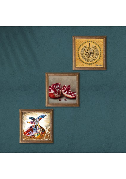 Nas Suresi, Semazen, Nar Taş Duvar Tablosu Ahşap Çerçeveli Duvar Dekoru 3 Parça Tablo Seti Wall Art W3-881