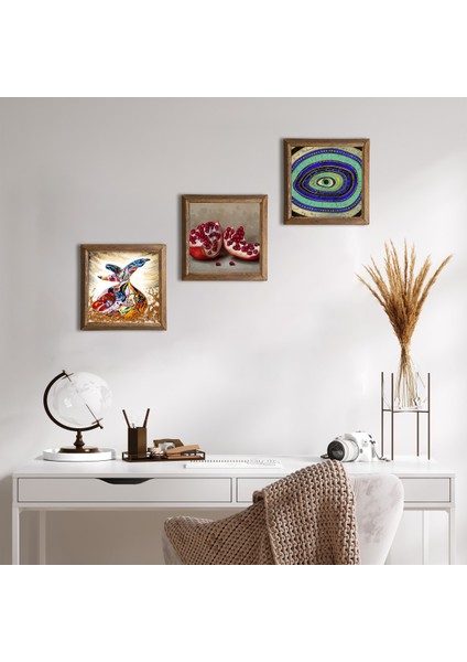 Nazar, Semazen, Nar Taş Duvar Tablosu Ahşap Çerçeveli Duvar Dekoru 3 Parça Tablo Seti Wall Art W3-883