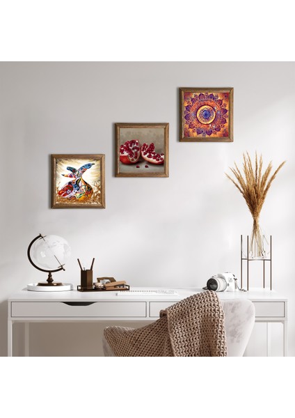 Mandala, Semazen, Nar Taş Duvar Tablosu Ahşap Çerçeveli Duvar Dekoru 3 Parça Tablo Seti Wall Art W3-888