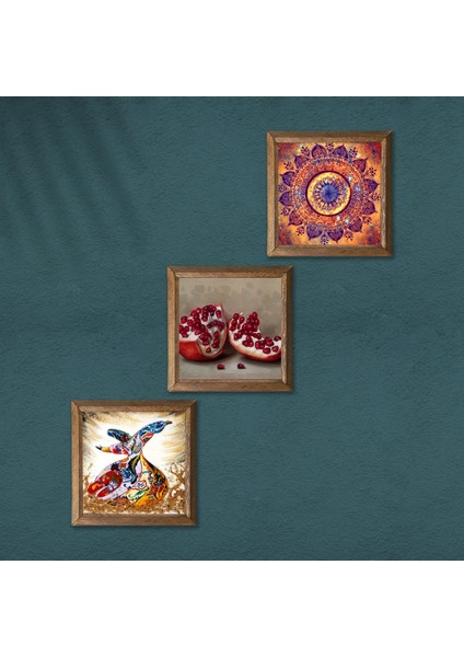 Mandala, Semazen, Nar Taş Duvar Tablosu Ahşap Çerçeveli Duvar Dekoru 3 Parça Tablo Seti Wall Art W3-888