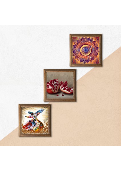 Mandala, Semazen, Nar Taş Duvar Tablosu Ahşap Çerçeveli Duvar Dekoru 3 Parça Tablo Seti Wall Art W3-888