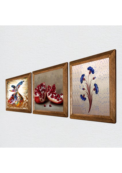 Ebru Sanatı, Semazen, Nar Taş Duvar Tablosu Ahşap Çerçeveli Duvar Dekoru 3 Parça Tablo Seti Wall Art W3-891