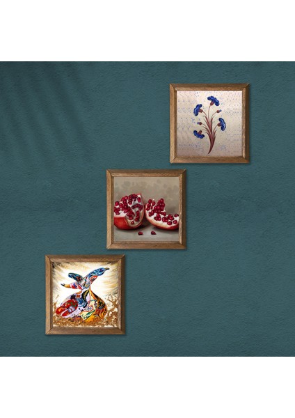 Ebru Sanatı, Semazen, Nar Taş Duvar Tablosu Ahşap Çerçeveli Duvar Dekoru 3 Parça Tablo Seti Wall Art W3-891