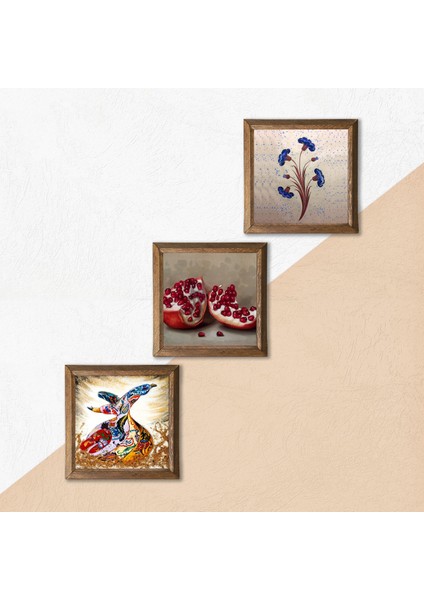 Ebru Sanatı, Semazen, Nar Taş Duvar Tablosu Ahşap Çerçeveli Duvar Dekoru 3 Parça Tablo Seti Wall Art W3-891