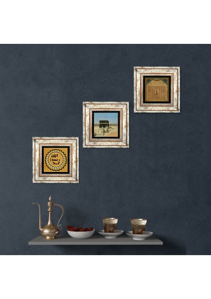 Kabe-i Muazzama, Esma'ül Hüsna, Mührü Şerif Taş Duvar Tablosu Çerçeveli Duvar Dekoru 3 Parça Tablo Seti Wall Art T3-1888