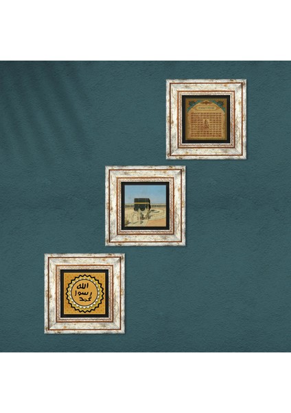 Kabe-i Muazzama, Esma'ül Hüsna, Mührü Şerif Taş Duvar Tablosu Çerçeveli Duvar Dekoru 3 Parça Tablo Seti Wall Art T3-1888