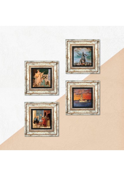İstanbul Galata Kulesi, Kız Kulesi, Satranç Oyunu, İki Müzisyen Kız Taş Duvar Tablosu Çerçeveli Duvar Dekoru 4 Parça Tablo Seti Wall Art T4-759 indirimleri
