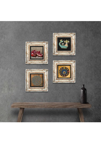 Yaşam Çiçeği, Nazar, Şahmeran, Nar Çerçeveli Taş Duvar Tablosu 4’lü Set - Dekoratif Modern Sanat, Ev ve Ofis Dekoru |TK4-768|