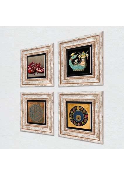 Yaşam Çiçeği, Nazar, Şahmeran, Nar Çerçeveli Taş Duvar Tablosu 4’lü Set - Dekoratif Modern Sanat, Ev ve Ofis Dekoru |TK4-768| fiyatları
