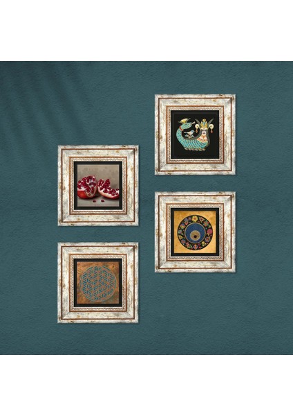 Yaşam Çiçeği, Nazar, Şahmeran, Nar Çerçeveli Taş Duvar Tablosu 4’lü Set - Dekoratif Modern Sanat, Ev ve Ofis Dekoru |TK4-768| fırsatları