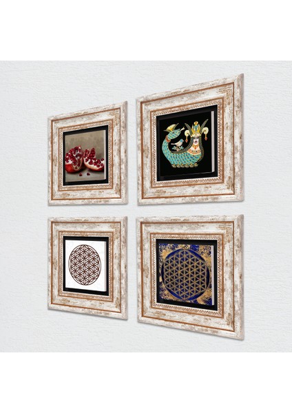 Yaşam Çiçeği, Şahmeran, Nar Çerçeveli Taş Duvar Tablosu 4’lü Set - Dekoratif Modern Sanat, Ev ve Ofis Dekoru |TK4-770| fiyatları