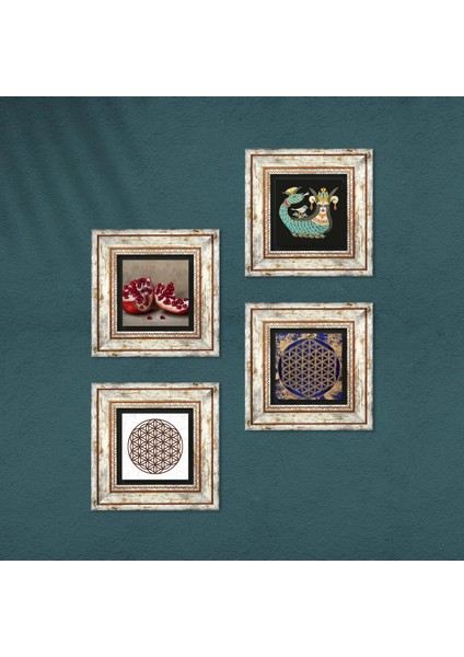 Yaşam Çiçeği, Şahmeran, Nar Çerçeveli Taş Duvar Tablosu 4’lü Set - Dekoratif Modern Sanat, Ev ve Ofis Dekoru |TK4-770| fırsatları