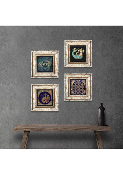 Nazar, Tavus Kuşu, Yaşam Çiçeği, Şahmeran Çerçeveli Taş Duvar Tablosu 4’lü Set - Dekoratif Modern Sanat, Ev ve Ofis Dekoru |TK4-776|