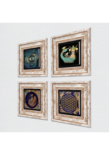 Nazar, Tavus Kuşu, Yaşam Çiçeği, Şahmeran Çerçeveli Taş Duvar Tablosu 4’lü Set - Dekoratif Modern Sanat, Ev ve Ofis Dekoru |TK4-776| fiyatları