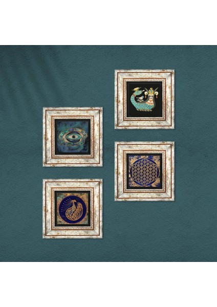 Nazar, Tavus Kuşu, Yaşam Çiçeği, Şahmeran Çerçeveli Taş Duvar Tablosu 4’lü Set - Dekoratif Modern Sanat, Ev ve Ofis Dekoru |TK4-776| fırsatları