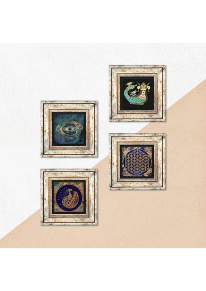 Nazar, Tavus Kuşu, Yaşam Çiçeği, Şahmeran Çerçeveli Taş Duvar Tablosu 4’lü Set - Dekoratif Modern Sanat, Ev ve Ofis Dekoru |TK4-776| indirimleri