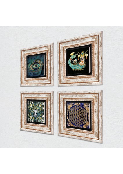 Hayat Ağacı, Nazar, Yaşam Çiçeği, Şahmeran Taş Duvar Tablosu Çerçeveli Duvar Dekoru 4 Parça Tablo Seti Wall Art T4-782