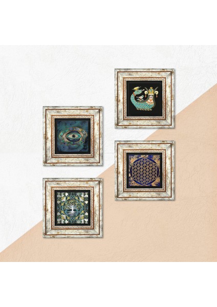 Hayat Ağacı, Nazar, Yaşam Çiçeği, Şahmeran Taş Duvar Tablosu Çerçeveli Duvar Dekoru 4 Parça Tablo Seti Wall Art T4-782