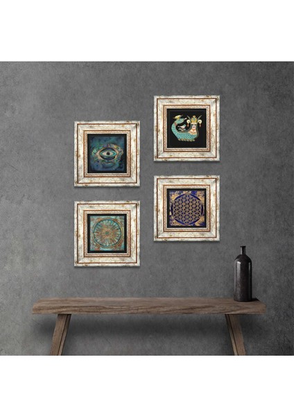 Stone Nazar, Yaşam Çiçeği, Şahmeran Çerçeveli Taş Duvar Tablosu 4’lü Set - Dekoratif Modern Sanat, Ev ve Ofis Dekoru |TK4-791|