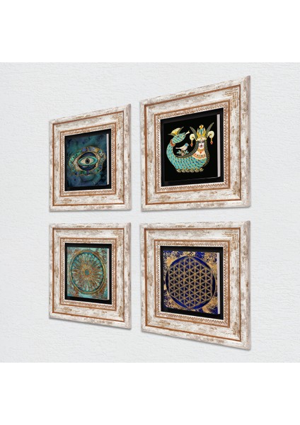 Stone Nazar, Yaşam Çiçeği, Şahmeran Çerçeveli Taş Duvar Tablosu 4’lü Set - Dekoratif Modern Sanat, Ev ve Ofis Dekoru |TK4-791| fiyatları
