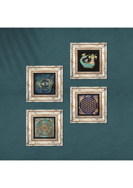 Stone Nazar, Yaşam Çiçeği, Şahmeran Çerçeveli Taş Duvar Tablosu 4’lü Set - Dekoratif Modern Sanat, Ev ve Ofis Dekoru |TK4-791| fırsatları