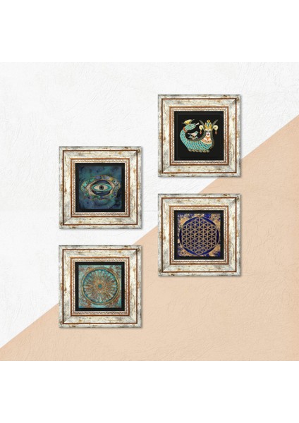 Stone Nazar, Yaşam Çiçeği, Şahmeran Çerçeveli Taş Duvar Tablosu 4’lü Set - Dekoratif Modern Sanat, Ev ve Ofis Dekoru |TK4-791| indirimleri