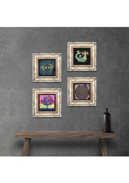 Nazar, Yaşam Çiçeği, Hayat Ağacı, Şahmeran Taş Duvar Tablosu Çerçeveli Duvar Dekoru 4 Parça Tablo Seti Wall Art T4-796