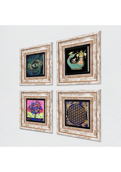 Nazar, Yaşam Çiçeği, Hayat Ağacı, Şahmeran Taş Duvar Tablosu Çerçeveli Duvar Dekoru 4 Parça Tablo Seti Wall Art T4-796 fiyatları