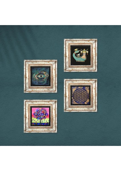Nazar, Yaşam Çiçeği, Hayat Ağacı, Şahmeran Taş Duvar Tablosu Çerçeveli Duvar Dekoru 4 Parça Tablo Seti Wall Art T4-796 fırsatları