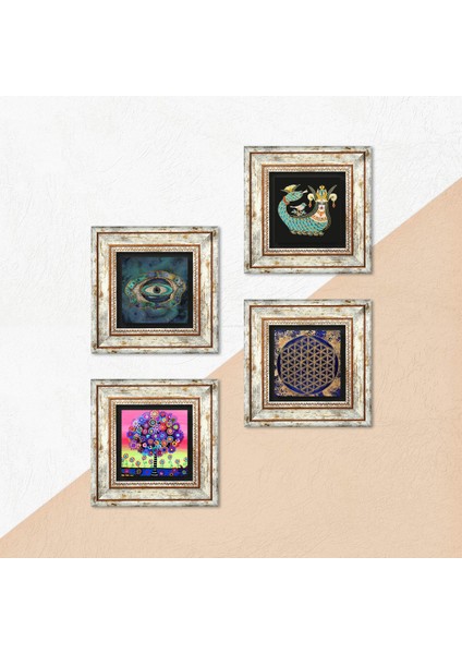 Nazar, Yaşam Çiçeği, Hayat Ağacı, Şahmeran Taş Duvar Tablosu Çerçeveli Duvar Dekoru 4 Parça Tablo Seti Wall Art T4-796 indirimleri