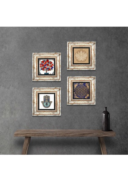 Lotus Çiçeği, Yaşam Çiçeği, Nar Ağacı, Fatma Ana Eli (Hamsa) Taş Duvar Tablosu Çerçeveli Duvar Dekoru 4 Parça Tablo Seti Wall Art T4-801