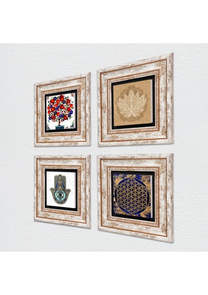 Lotus Çiçeği, Yaşam Çiçeği, Nar Ağacı, Fatma Ana Eli (Hamsa) Taş Duvar Tablosu Çerçeveli Duvar Dekoru 4 Parça Tablo Seti Wall Art T4-801 fiyatları