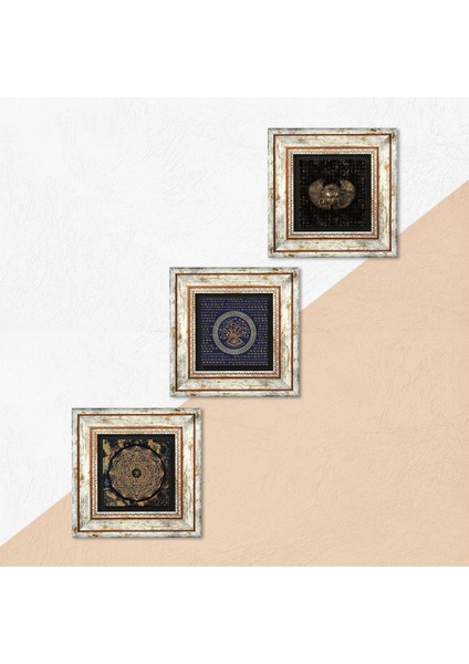 Horus'un Gözü, Nazar, Sri Yantra Taş Duvar Tablosu Çerçeveli Duvar Dekoru 3 Parça Tablo Seti Wall Art T3-43