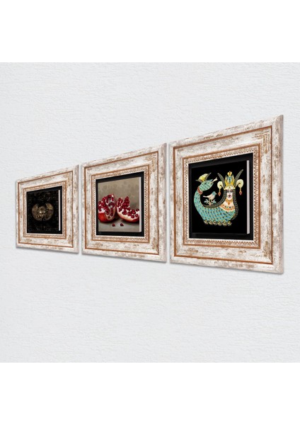 Horus'un Gözü, Şahmeran, Nar Taş Duvar Tablosu Çerçeveli Duvar Dekoru 3 Parça Tablo Seti Wall Art T3-445