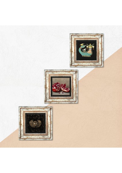 Horus'un Gözü, Şahmeran, Nar Taş Duvar Tablosu Çerçeveli Duvar Dekoru 3 Parça Tablo Seti Wall Art T3-445