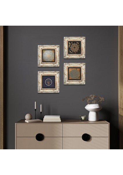 Stone Yaşam Çiçeği, Nazar, Sri Yantra Çerçeveli Taş Duvar Tablosu 4’lü Set - Dekoratif Modern Sanat, Ev ve Ofis Dekoru |TK4-577|
