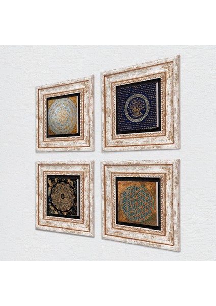 Stone Yaşam Çiçeği, Nazar, Sri Yantra Çerçeveli Taş Duvar Tablosu 4’lü Set - Dekoratif Modern Sanat, Ev ve Ofis Dekoru |TK4-577| fiyatları