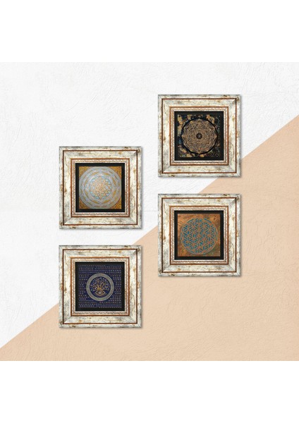 Stone Yaşam Çiçeği, Nazar, Sri Yantra Çerçeveli Taş Duvar Tablosu 4’lü Set - Dekoratif Modern Sanat, Ev ve Ofis Dekoru |TK4-577| indirimleri