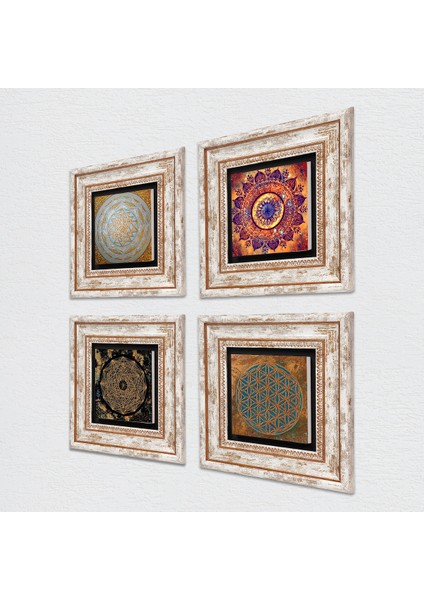 Stone Yaşam Çiçeği, Mandala, Sri Yantra Çerçeveli Taş Duvar Tablosu 4’lü Set - Dekoratif Modern Sanat, Ev ve Ofis Dekoru |TK4-582| fiyatları
