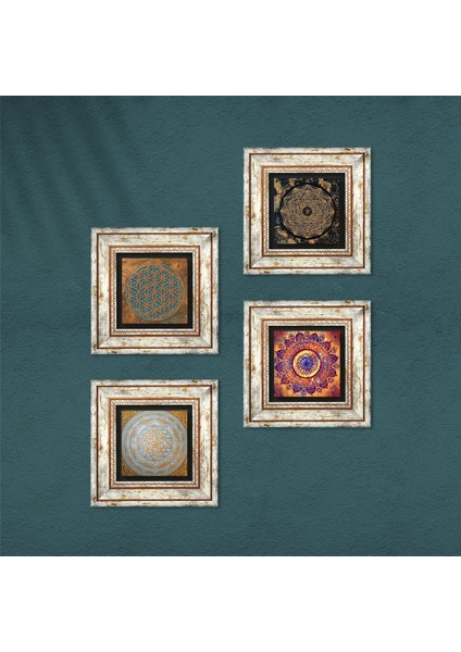 Stone Yaşam Çiçeği, Mandala, Sri Yantra Çerçeveli Taş Duvar Tablosu 4’lü Set - Dekoratif Modern Sanat, Ev ve Ofis Dekoru |TK4-582| fırsatları