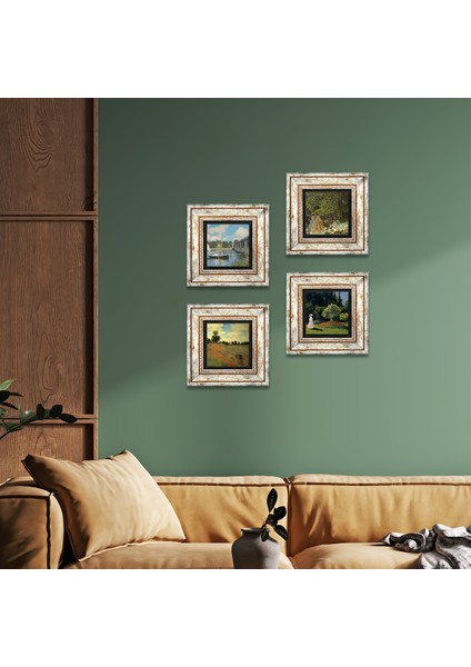 Monet Kırda Öğle Yemeği, Bahçedeki Kadın, Köprü, Gelincikler Çerçeveli Taş Duvar Tablosu 4’lü Set - Dekoratif Modern Sanat, Ev ve Ofis Dekoru |TK4-59|