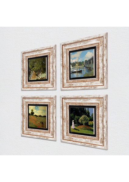 Monet Kırda Öğle Yemeği, Bahçedeki Kadın, Köprü, Gelincikler Çerçeveli Taş Duvar Tablosu 4’lü Set - Dekoratif Modern Sanat, Ev ve Ofis Dekoru |TK4-59| fiyatları