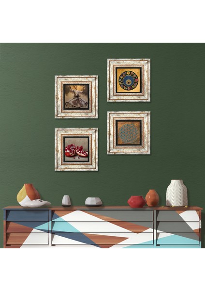 Yaşam Çiçeği, Semazen, Nazar, Nar Taş Duvar Tablosu Çerçeveli Duvar Dekoru 4 Parça Tablo Seti Wall Art T4-595
